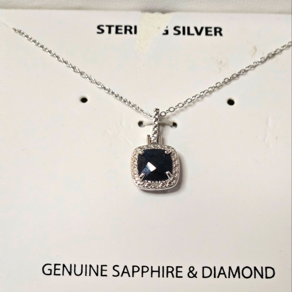 MACY'S 925 Sterling Silver Genuine Sapphire & Diamond Necklace 18"
